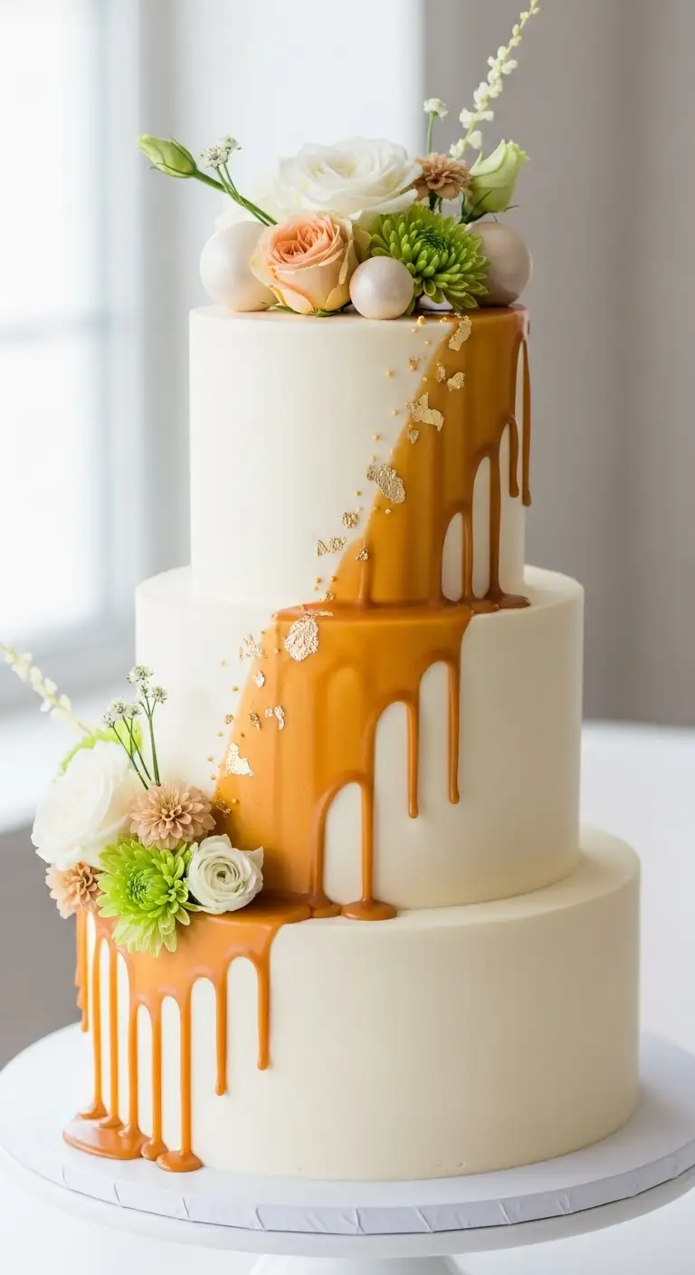 Neutral Ombre Wedding Cake Design Drip Cake with Elegant Toppings