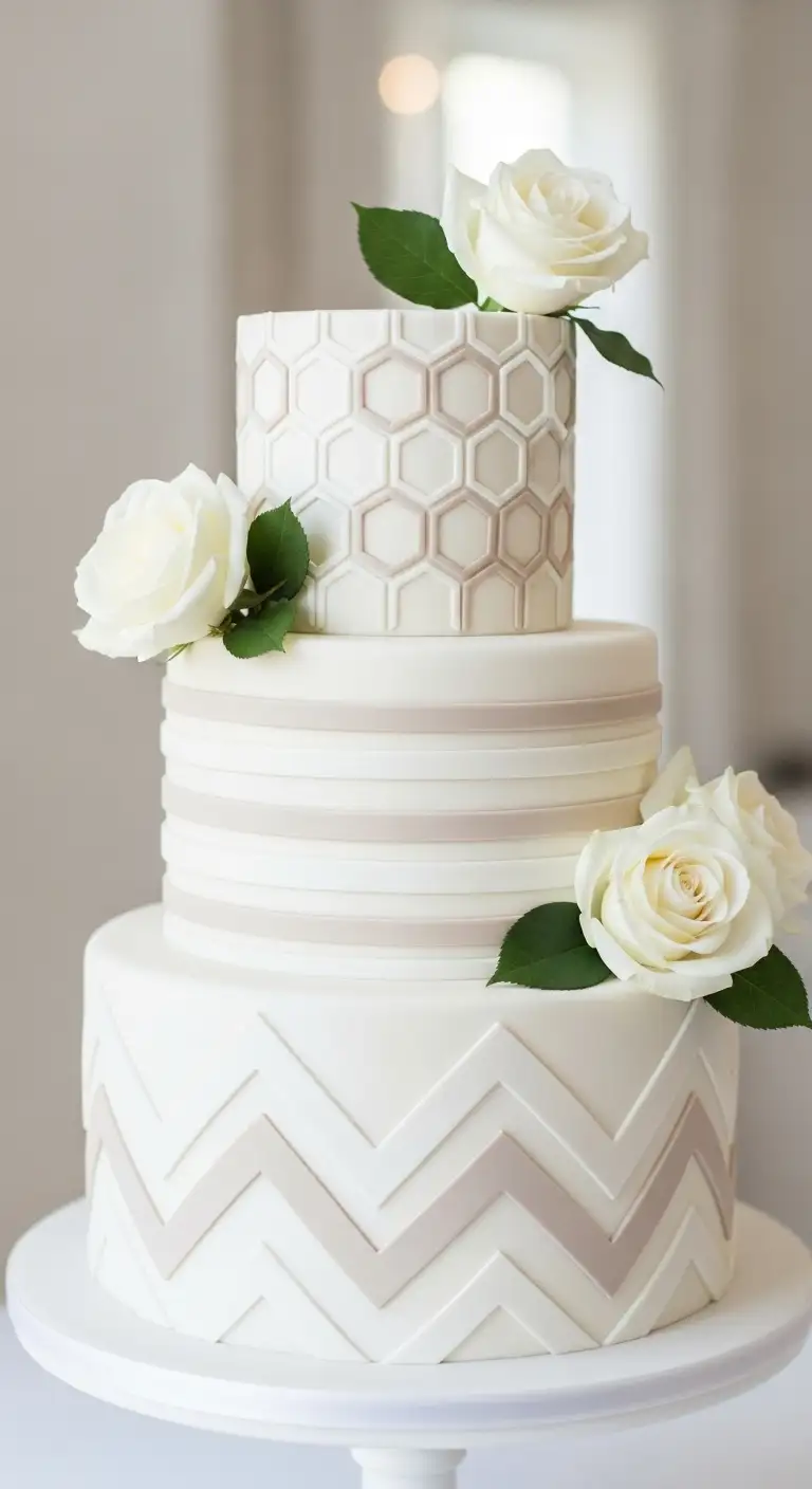 Neutral Ombre Wedding Cake Design Geometric Pattern Cake