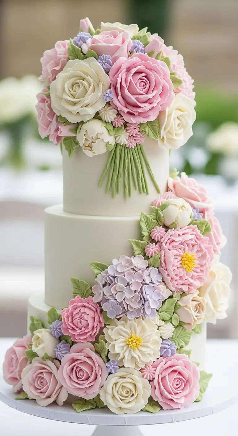 Neutral Ombre Wedding Cake Design Sculpted Buttercream Flowers