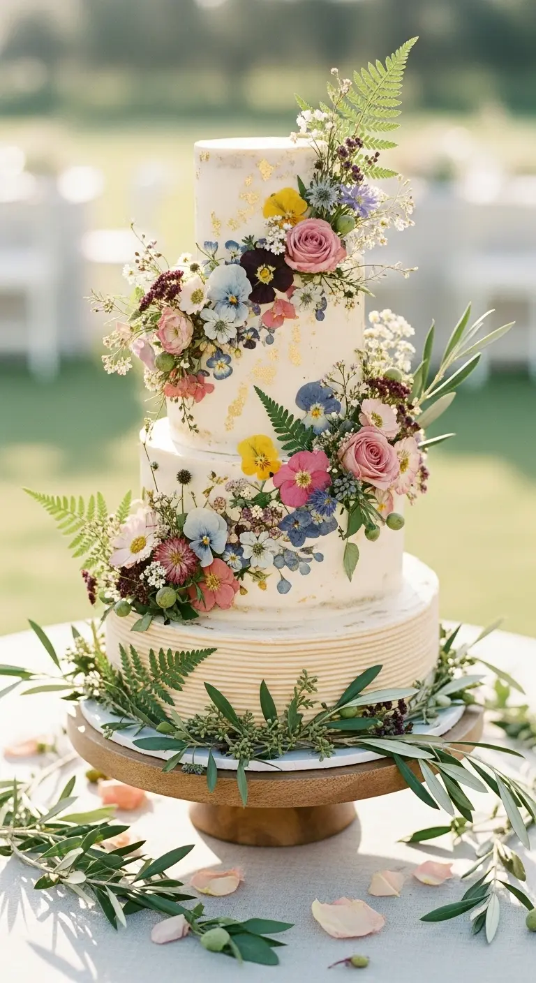 Neutral Ombre Wedding Cake Design Tiered Boho Wedding Cake with Pressed Flower Details