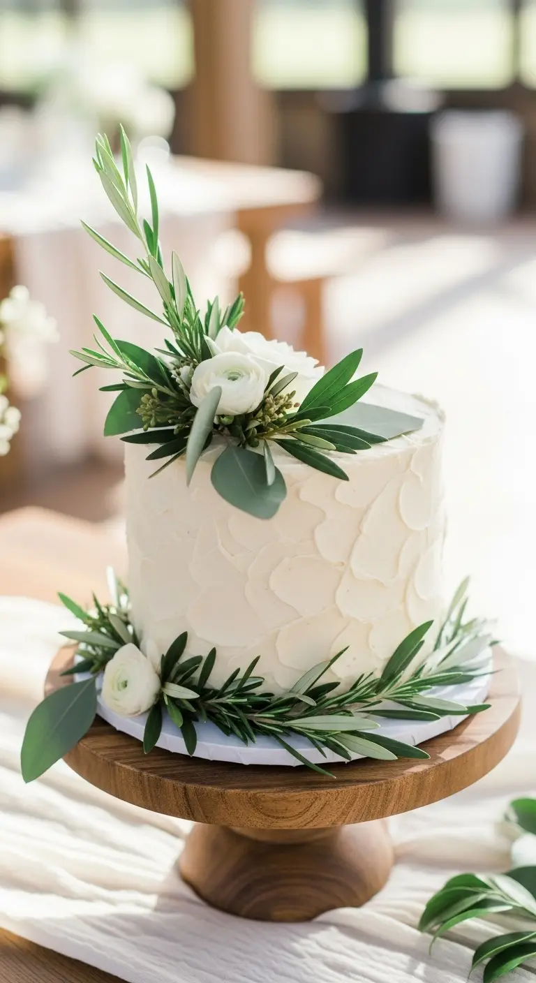 Neutral Ombre Wedding Cake Design Simple One-Tier Boho Wedding Cake with Elegant Greenery
