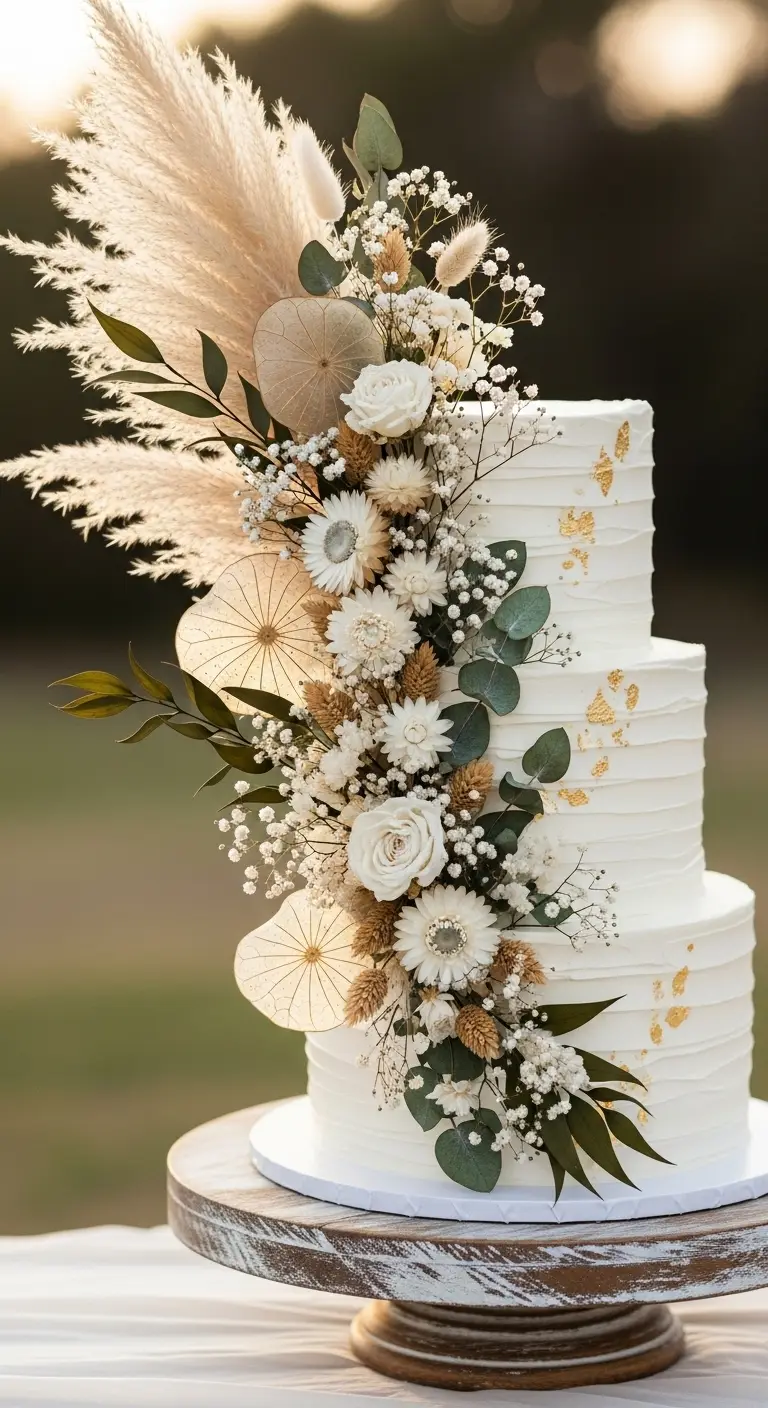 Neutral Ombre Wedding Cake Design Boho Wedding Cake with Cascading Dried Floral Arrangements