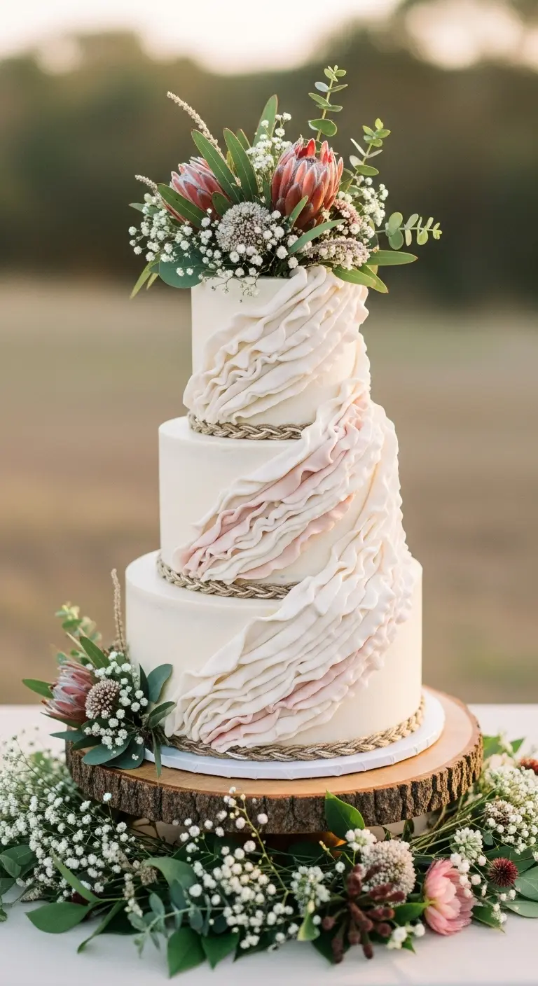 Neutral Ombre Wedding Cake Design Vintage-Inspired Boho Wedding Cake with Soft Ruffles