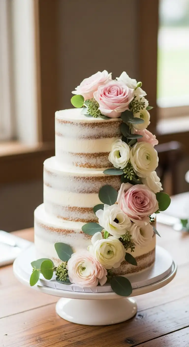 Neutral Ombre Wedding Cake Design Semi Naked Cake with Fresh Flower Cascades