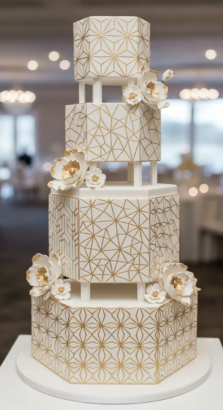Neutral Ombre Wedding Cake Design Geometric Pattern Cake with Metallic Highlights