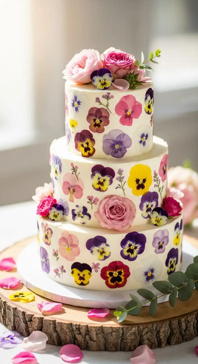 Neutral Ombre Wedding Cake Design Floral Pressed Cake with Botanical Beauty