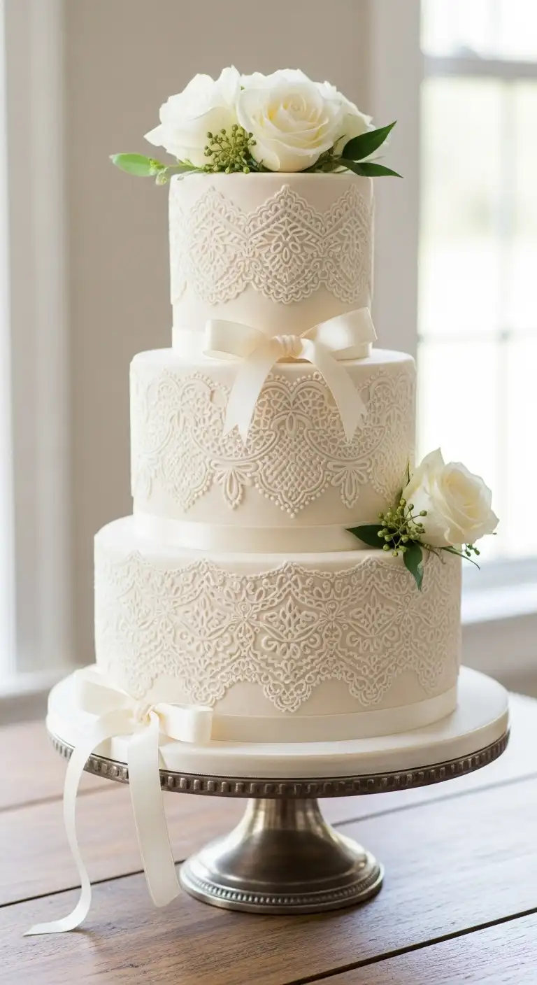 Neutral Ombre Wedding Cake Design Ivory Cake with Lace Inspired Detailing