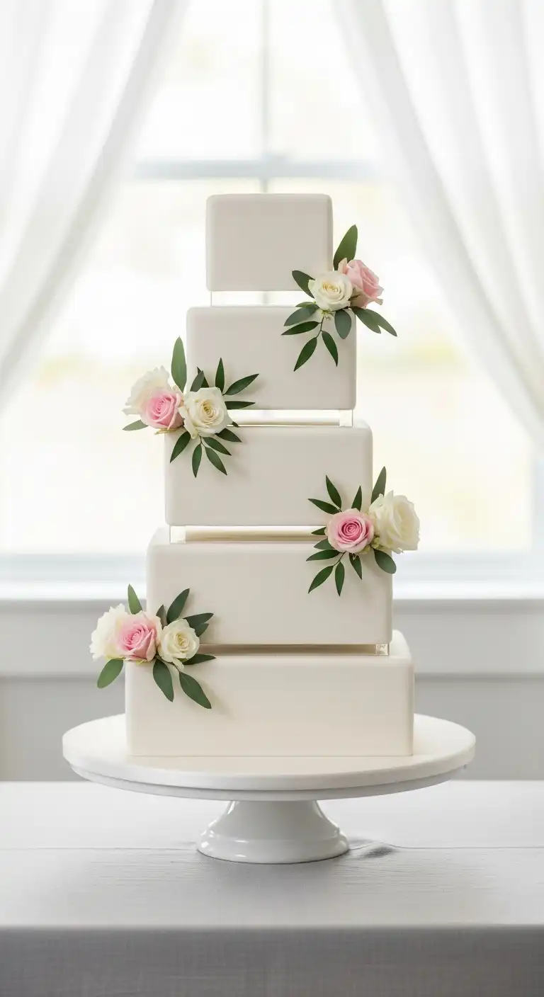 Neutral Ombre Wedding Cake Design Classic Square Tier Cake with Minimal Floral Touches
