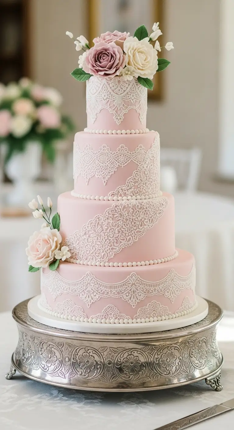 Neutral Ombre Wedding Cake Design 10. Blush Pink Lace Inspired Wedding Cake for Vintage Romance