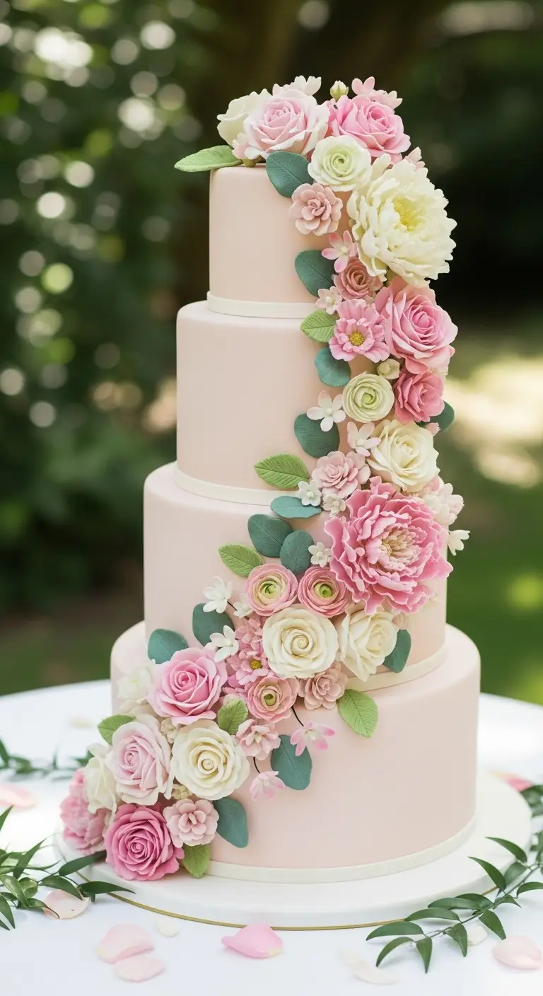 Neutral Ombre Wedding Cake Design 8. Blush Pink Floral Cascade Cake for a Garden Inspired Look