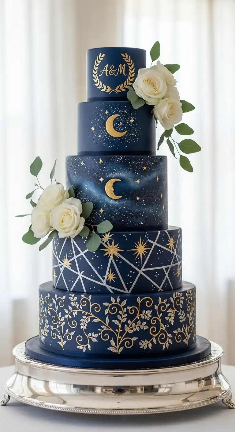 Ombre Rusty Orange Wedding Cake Navy Blue Wedding Cake Ideas with Hand-Painted Designs