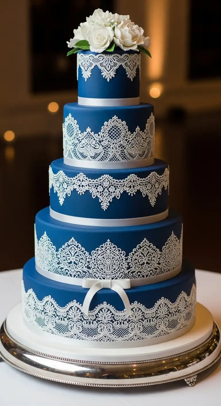 Ombre Rusty Orange Wedding Cake Navy Blue Wedding Cake Ideas with White Lace Patterns
