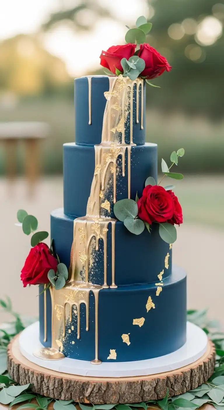 Ombre Rusty Orange Wedding Cake Navy Blue Wedding Cake Ideas with Metallic Drip Effects