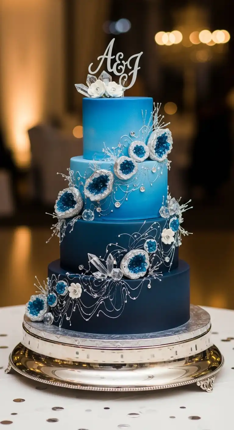 Ombre Rusty Orange Wedding Cake Navy Blue Wedding Cake Ideas with Crystal-Inspired Embellishments
