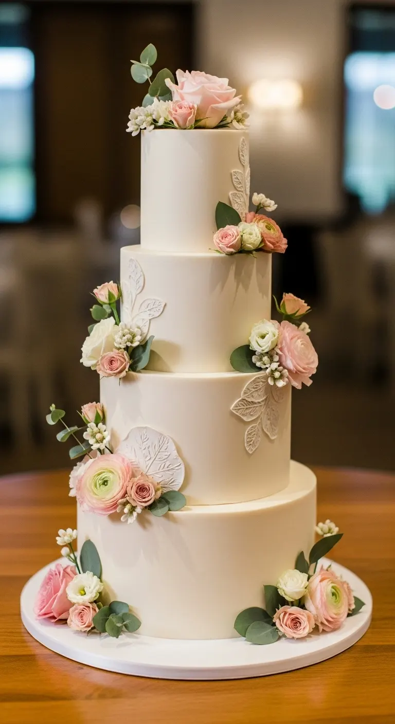 19. Yellow Monogram Cake Elegant Neutral Wedding Cake with Subtle Floral Details