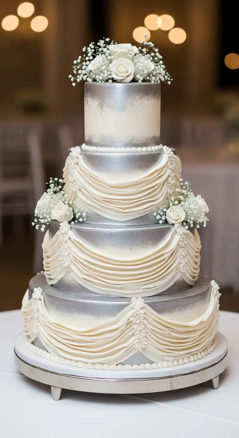 Neutral Ombre Wedding Cake Design Silver Ruffled Buttercream Wedding Cake