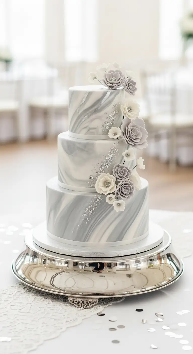 Neutral Ombre Wedding Cake Design Silver Marble Effect Wedding Cake