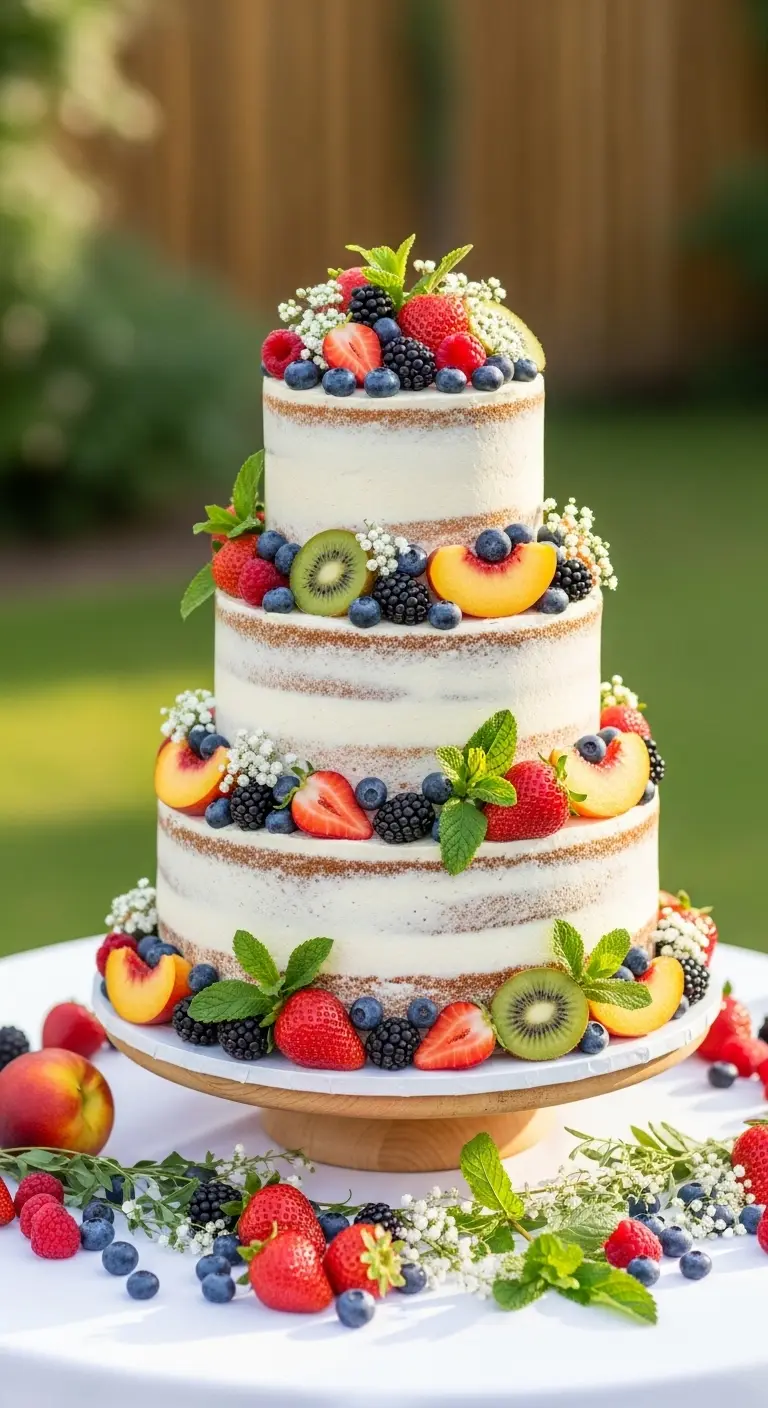 Neutral Ombre Wedding Cake Design Semi Naked Summer Wedding Cake with Fresh Fruit Toppings