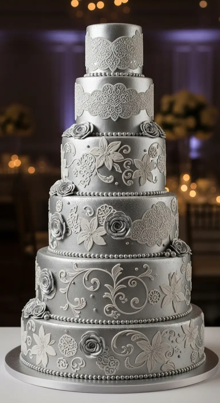 Neutral Ombre Wedding Cake Design Silver Floral Embossed Wedding Cake