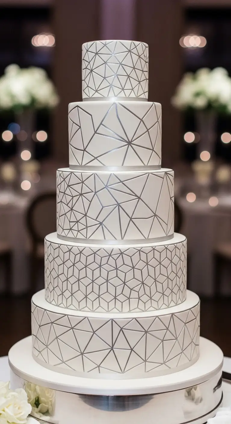 Neutral Ombre Wedding Cake Design Silver Geometric Pattern Wedding Cake