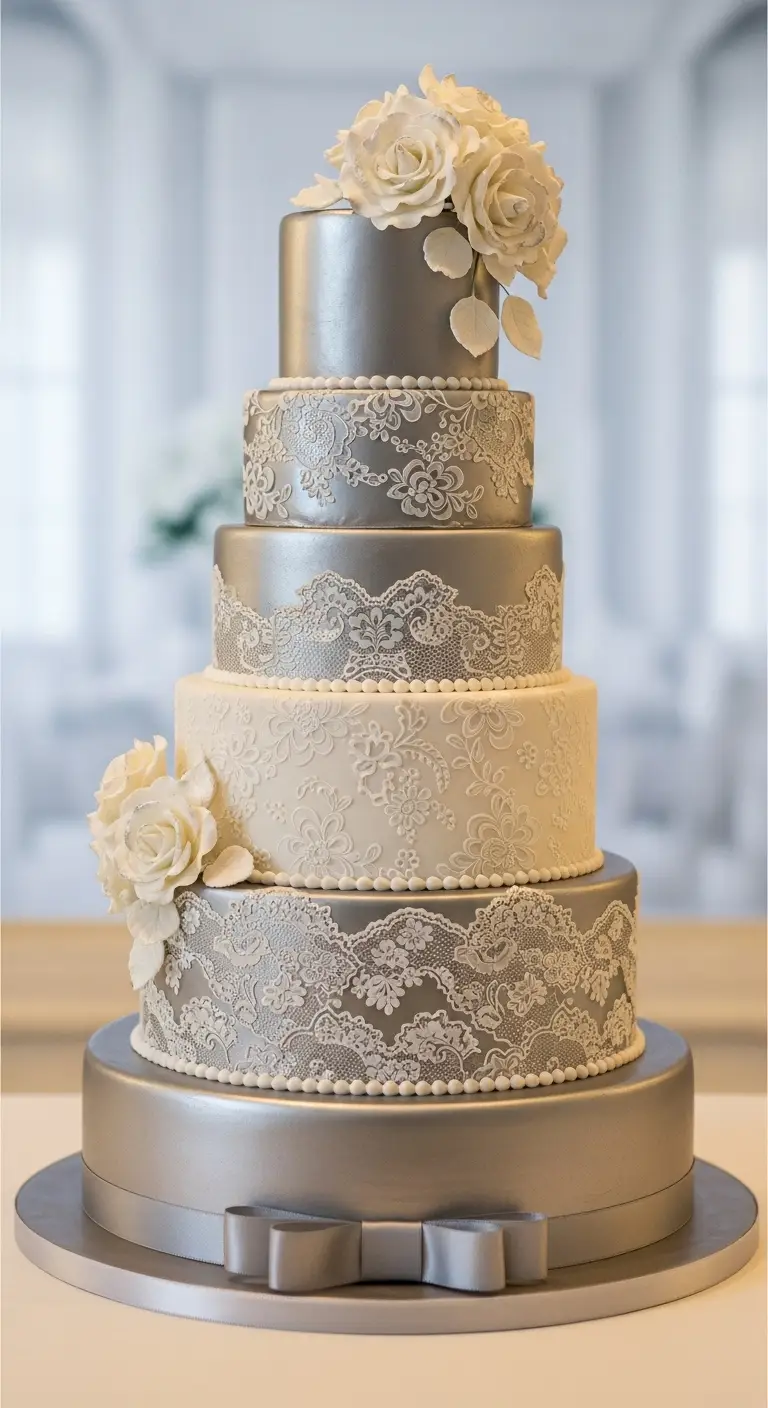 Neutral Ombre Wedding Cake Design Silver and White Lace Pattern Wedding Cake