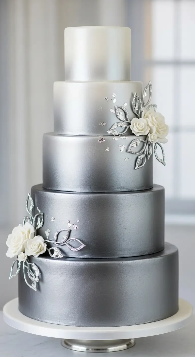 Neutral Ombre Wedding Cake Design Silver Ombre Wedding Cake with Soft Metallic Gradient