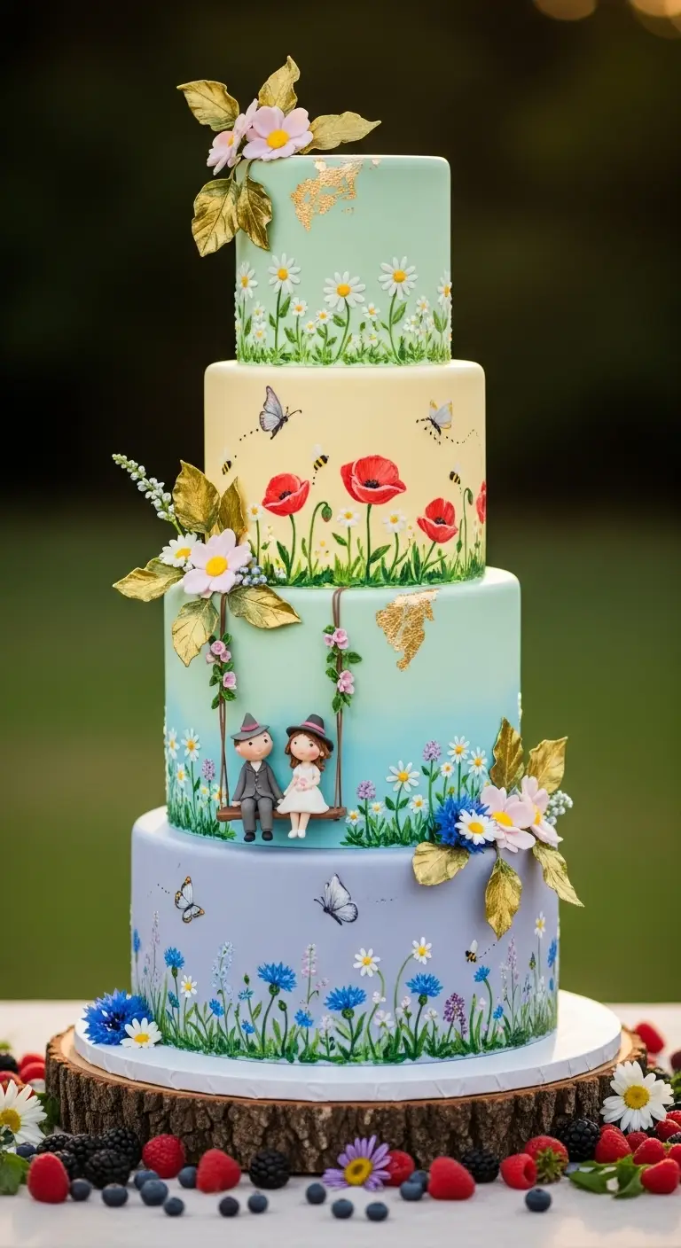 Neutral Ombre Wedding Cake Design Whimsical Summer Wedding Cake with Hand Painted Details