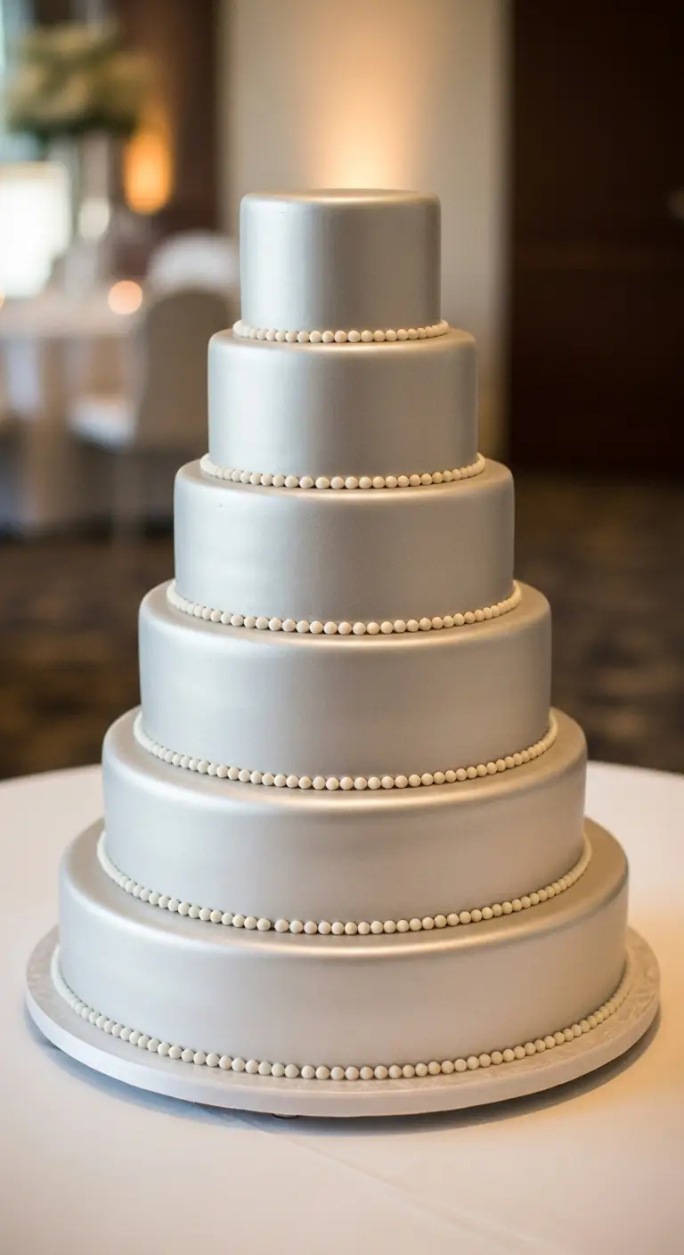Neutral Ombre Wedding Cake Design Classic Silver Fondant Wedding Cake with Pearl Borders