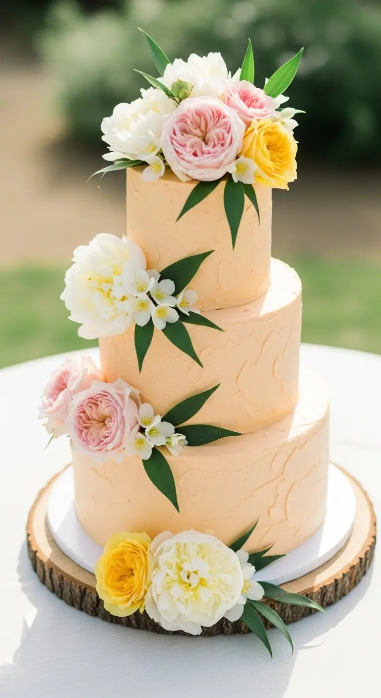 Neutral Ombre Wedding Cake Design Peach Toned Summer Wedding Cake with Soft Floral Touches