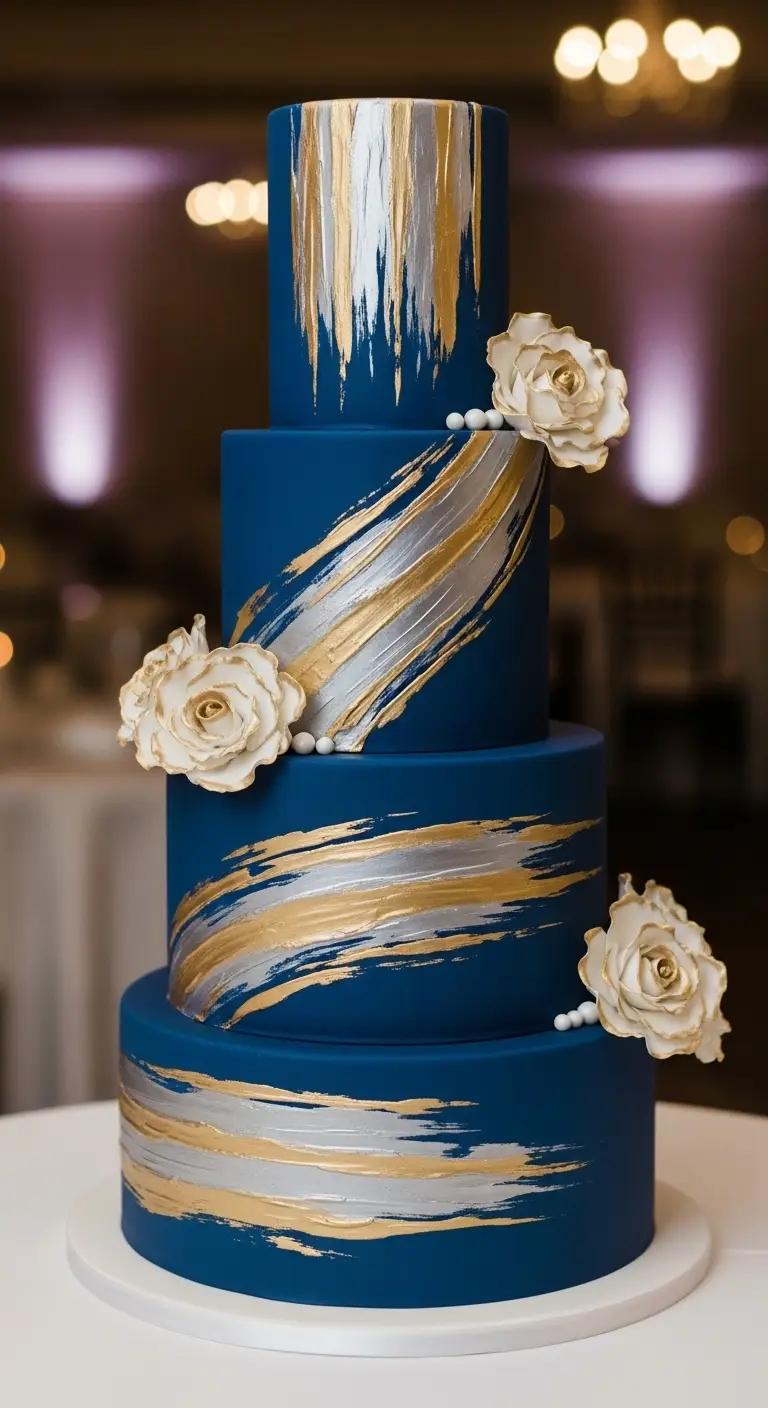 Neutral Ombre Wedding Cake Design 13. Blue Wedding Cake with Metallic Brush Strokes