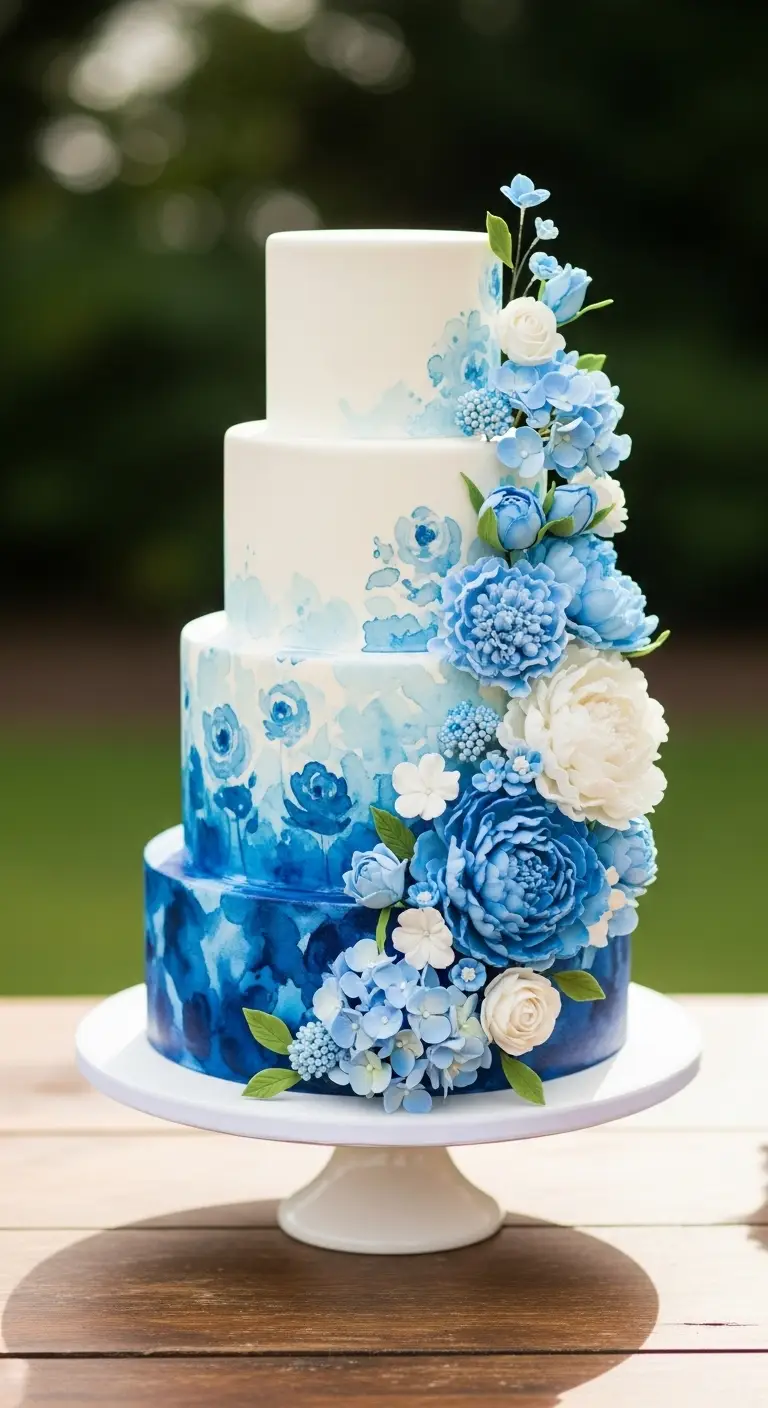 Neutral Ombre Wedding Cake Design Blue Watercolor Floral Wedding Cake