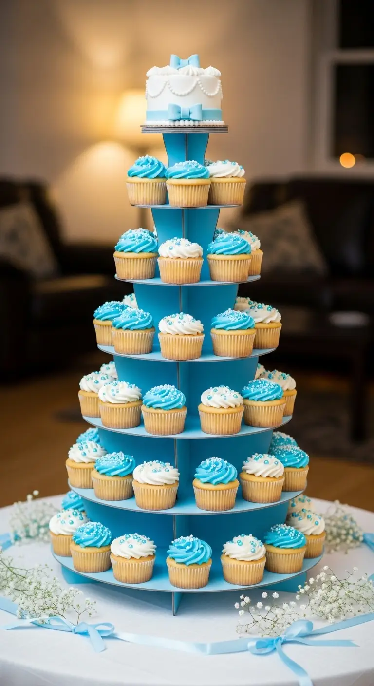 Neutral Ombre Wedding Cake Design Baby Blue Cupcake Tower with Cake Centerpiece