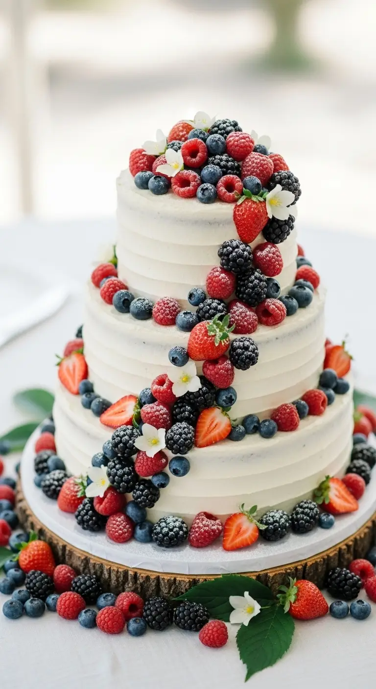 Neutral Ombre Wedding Cake Design Berry Filled Summer Wedding Cake with Light Whipped Frosting