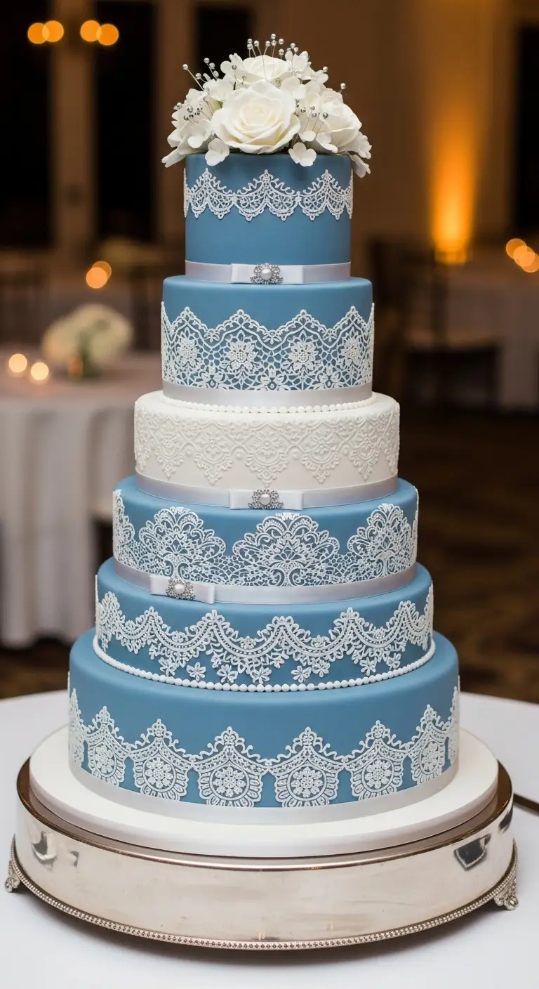 Neutral Ombre Wedding Cake Design Blue Wedding Cake with Lace Patterns