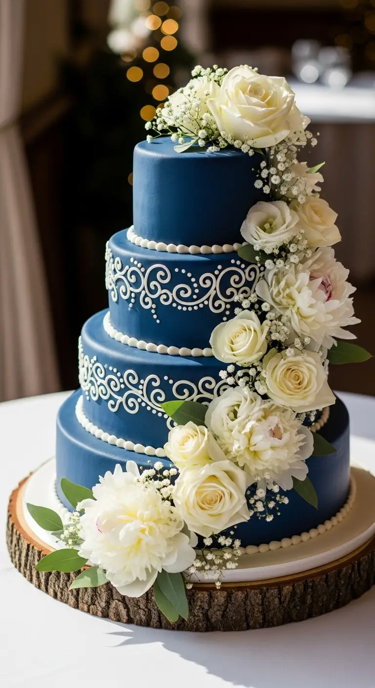 Neutral Ombre Wedding Cake Design 4. Navy Blue Wedding Cake with Fresh Flowers