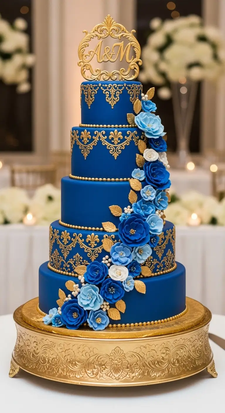 Neutral Ombre Wedding Cake Design Blue Wedding Cake with Gold Accents