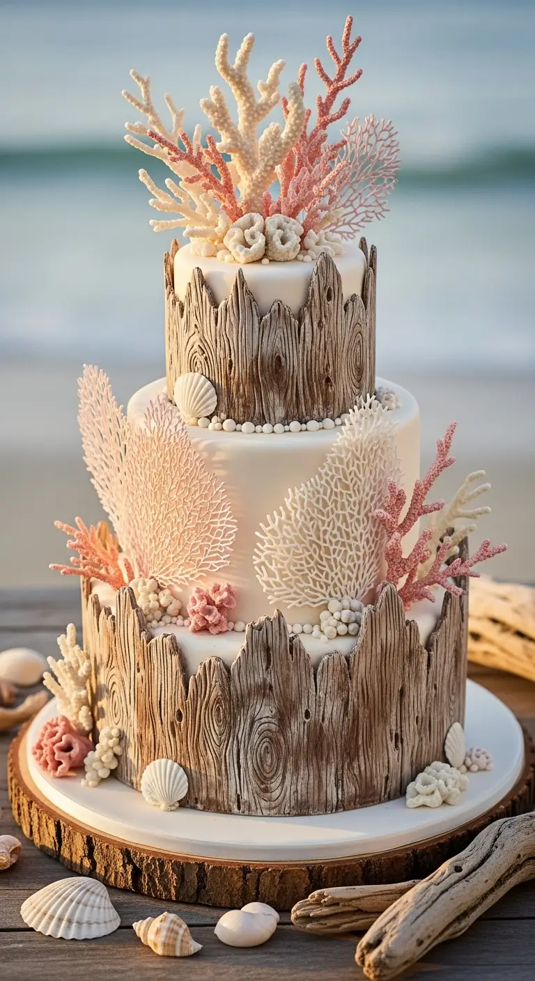 Neutral Ombre Wedding Cake Design 14. Driftwood and Coral Topped Cake