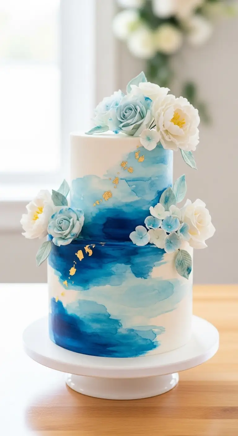 Neutral Ombre Wedding Cake Design Watercolor Blue Wedding Cake