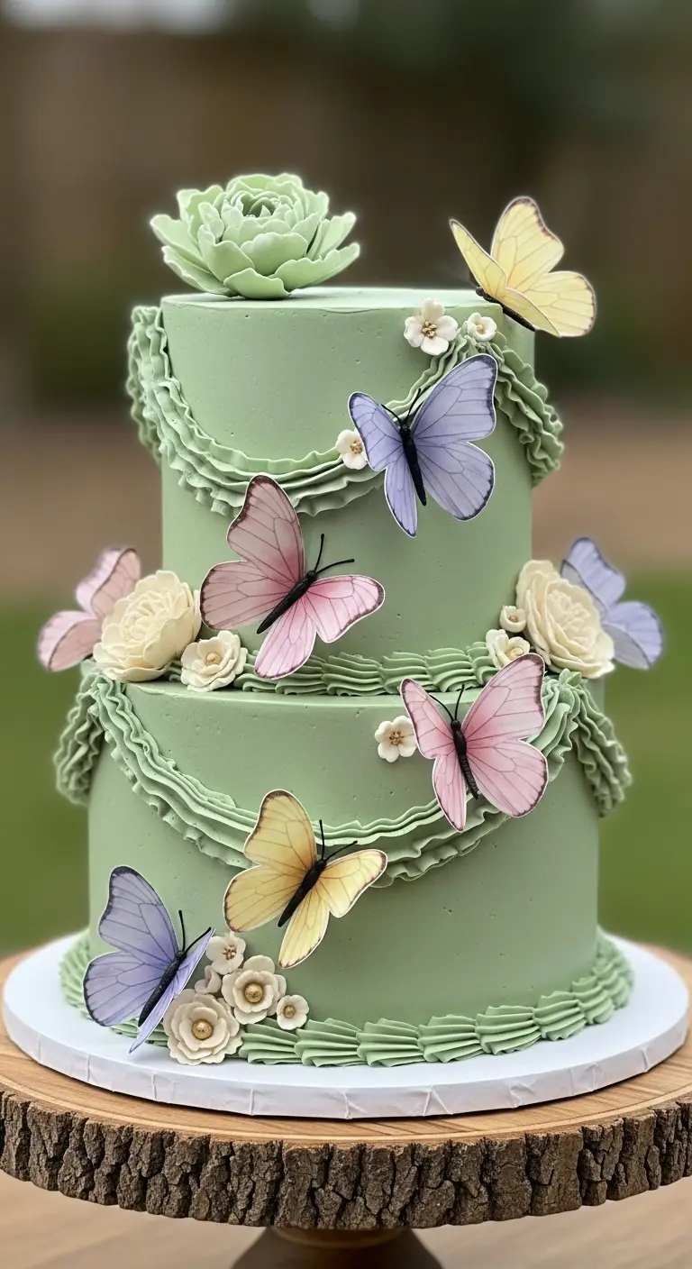 Neutral Ombre Wedding Cake Design Whimsical Sage Green Cake with Edible Butterflies