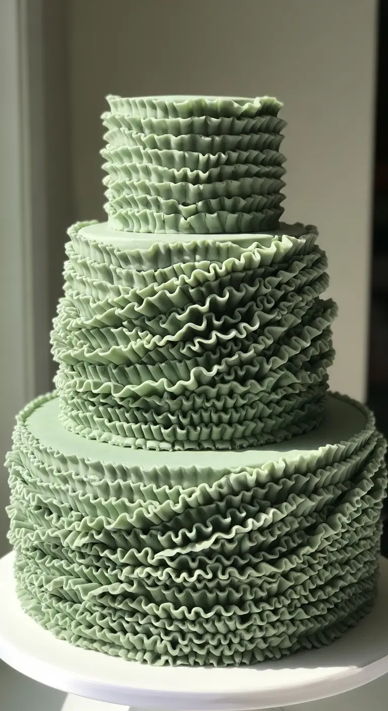Neutral Ombre Wedding Cake Design Textured Sage Green Ruffle Cake