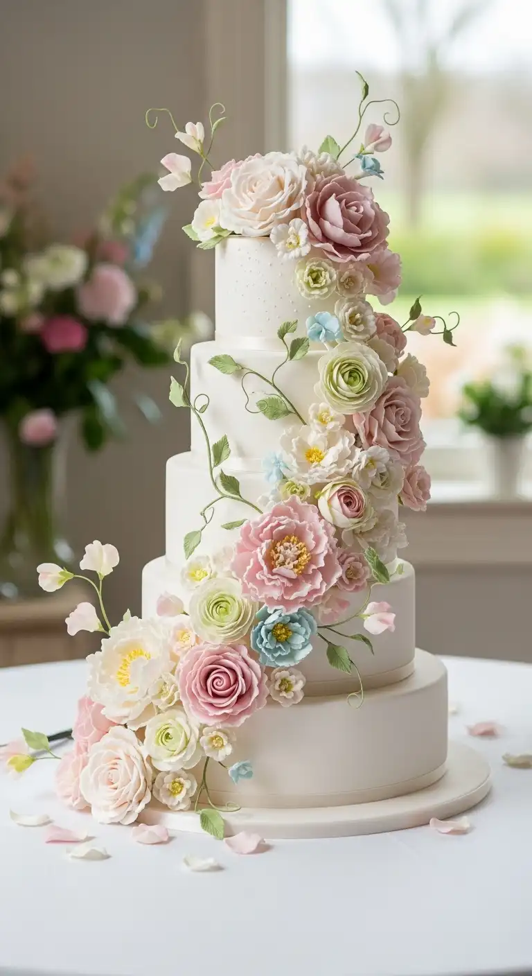 Neutral Ombre Wedding Cake Design Floral Cascade Spring Wedding Cake