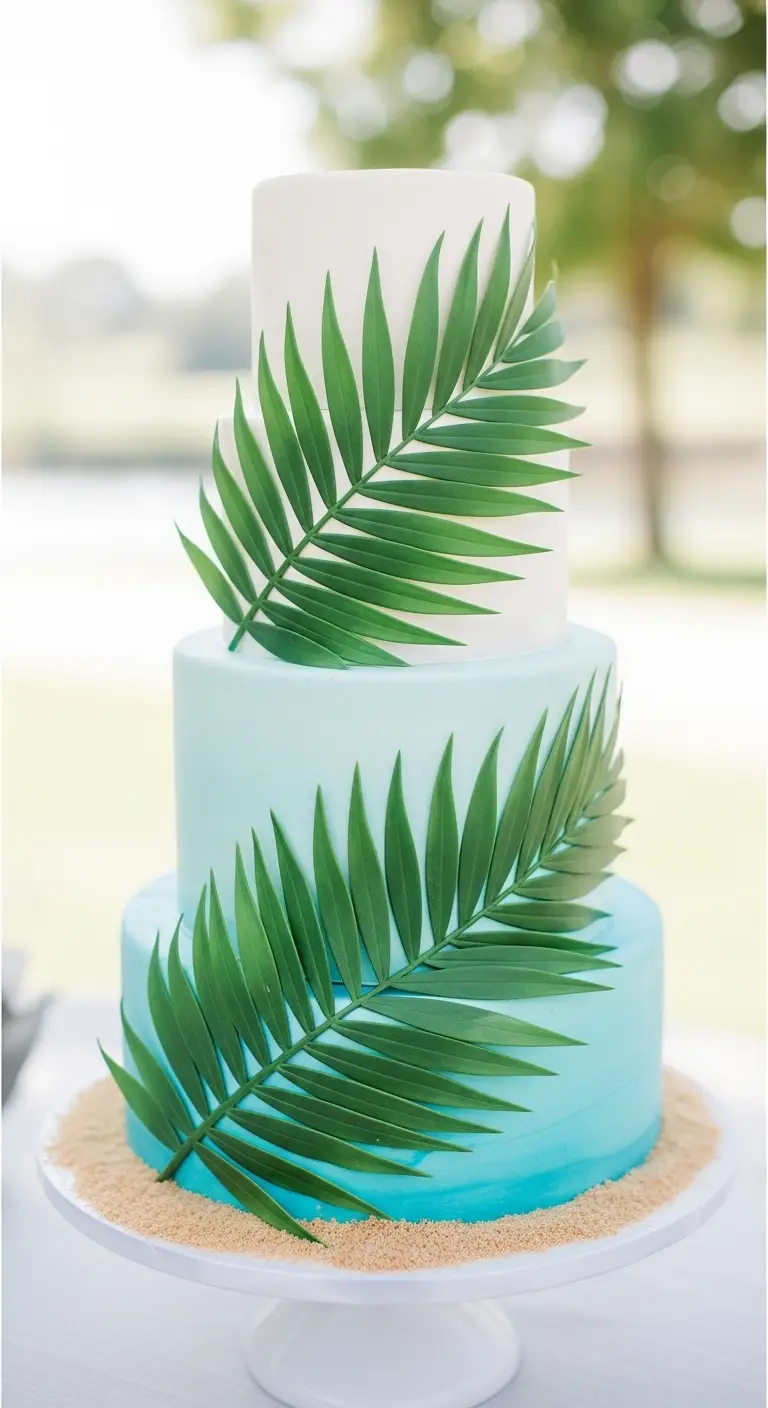Neutral Ombre Wedding Cake Design 13. Tropical Palm Leaf Wedding Cake