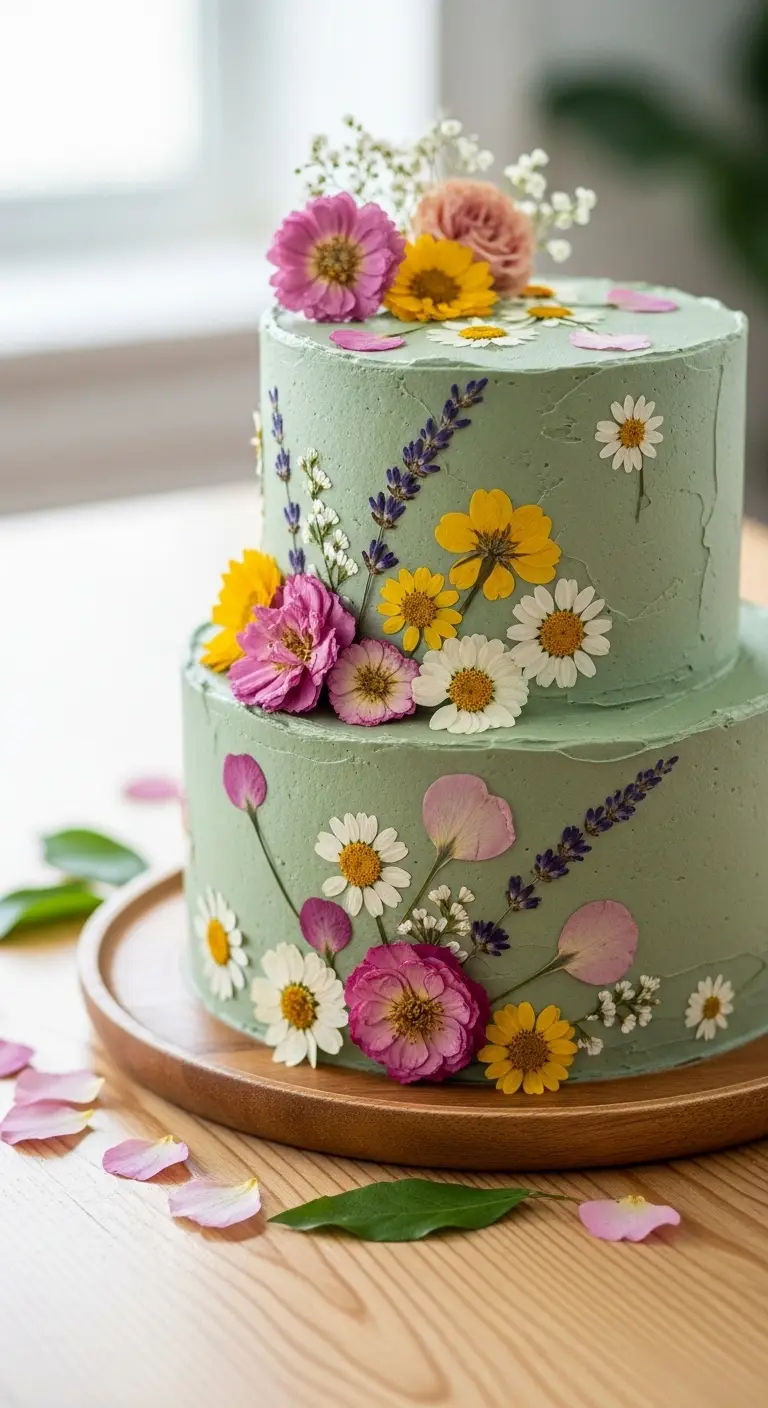 Neutral Ombre Wedding Cake Design Botanical Sage Green Cake with Pressed Florals