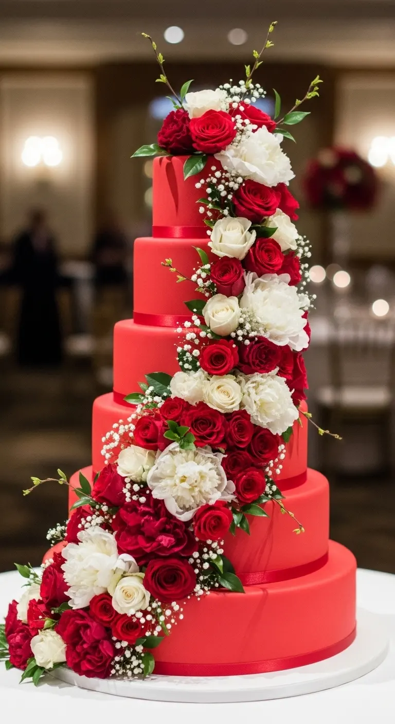 Neutral Ombre Wedding Cake Design Red Floral Cascade Wedding Cake