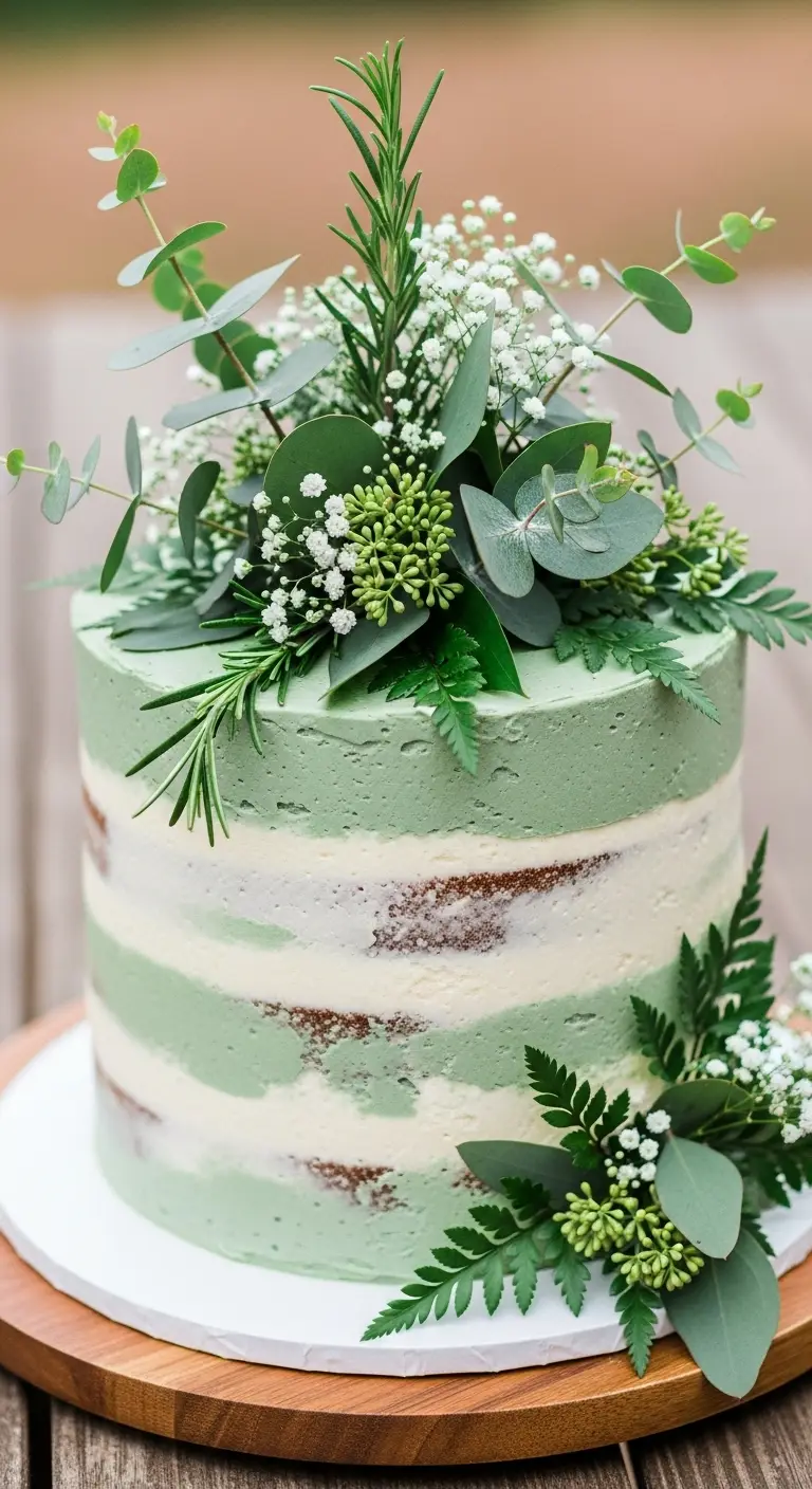 Neutral Ombre Wedding Cake Design Rustic Sage Green Semi-Naked Cake with Greenery