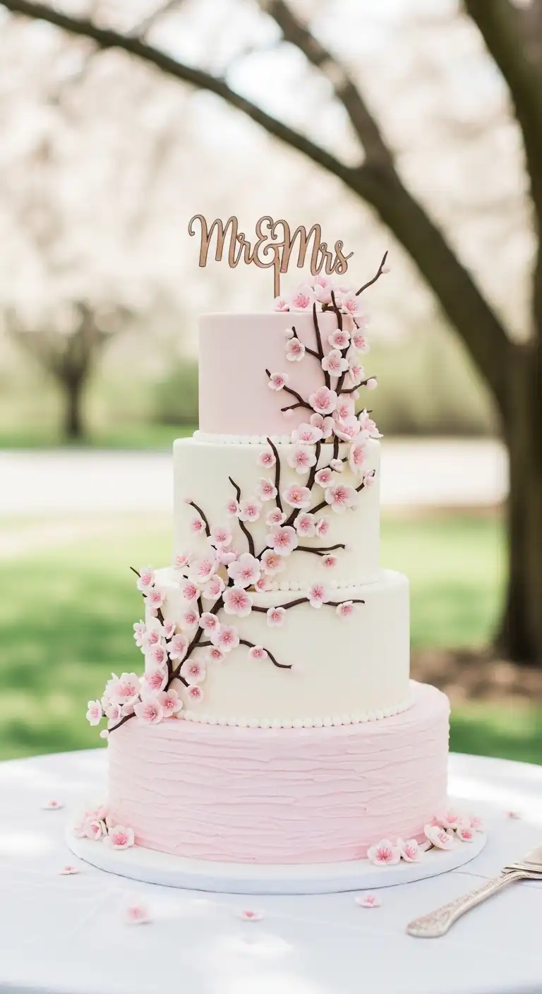 Neutral Ombre Wedding Cake Design Cherry Blossom Spring Wedding Cake