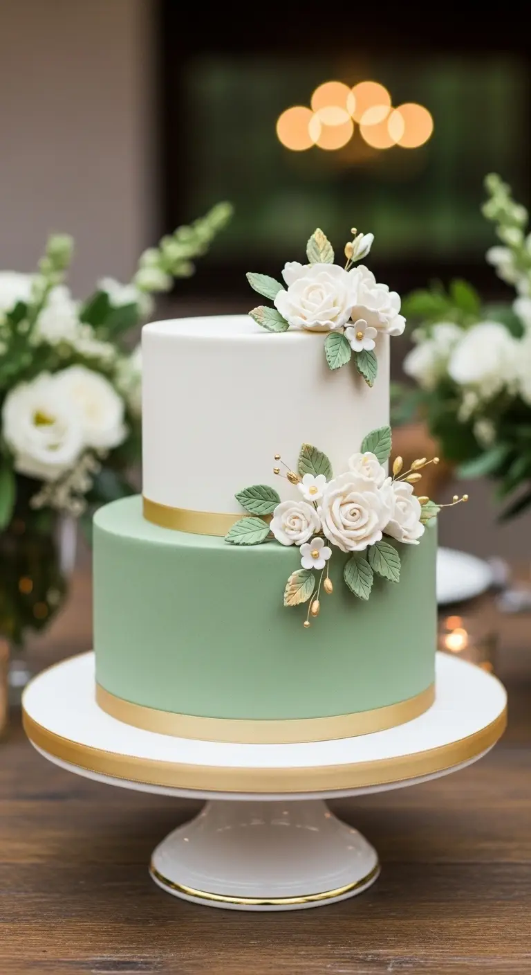 Neutral Ombre Wedding Cake Design Classic White and Sage Green Layered Elegance