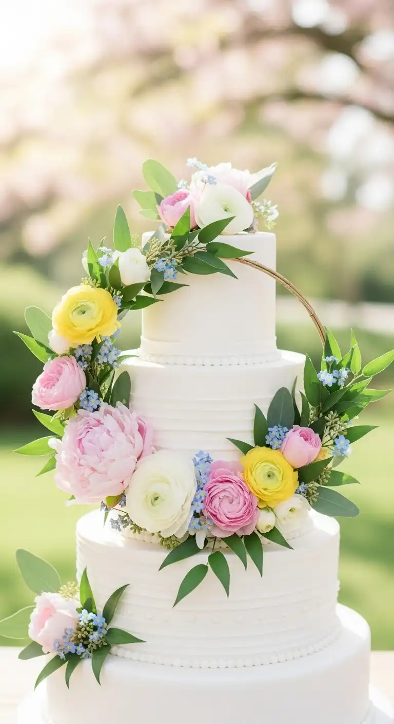 Neutral Ombre Wedding Cake Design Floral Hoop Spring Wedding Cake