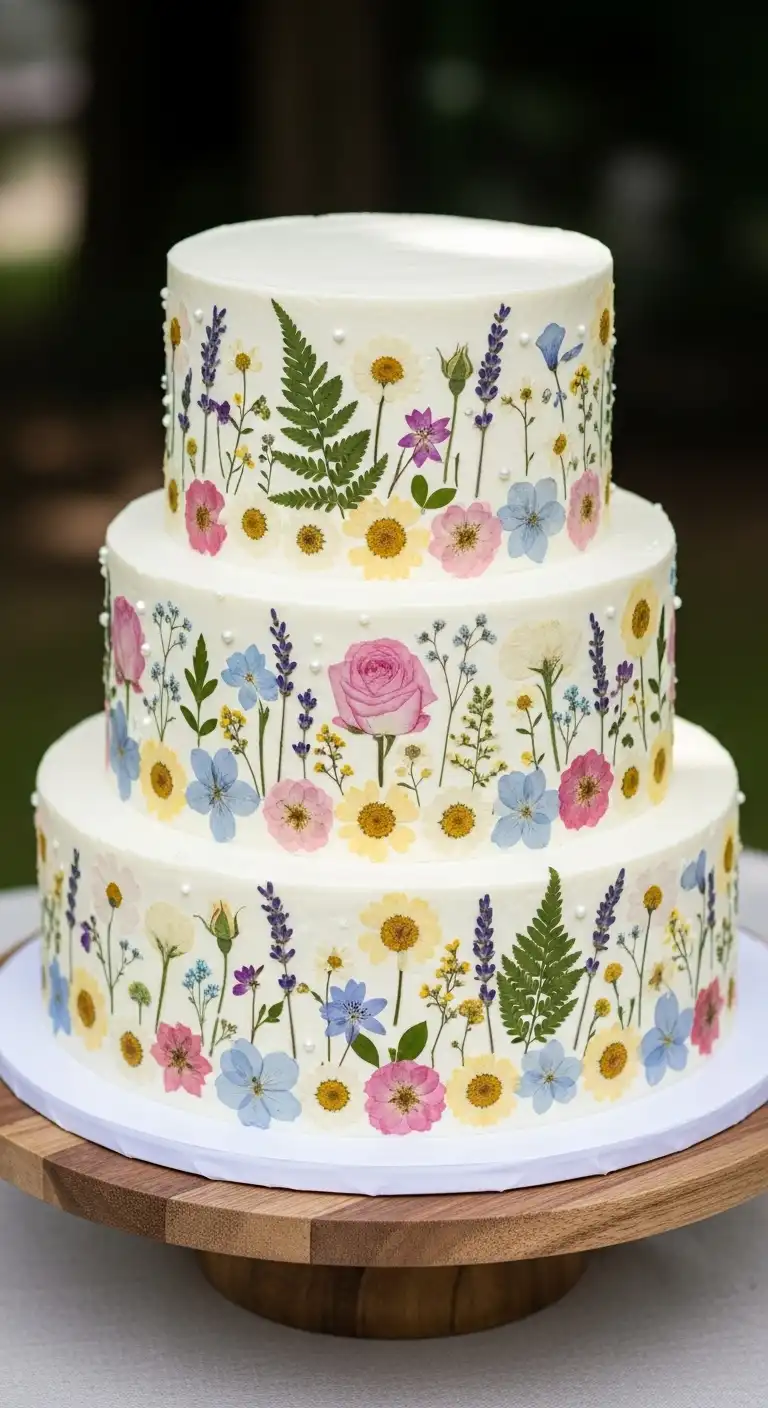Neutral Ombre Wedding Cake Design Botanical Pressed Flower Spring Wedding Cake