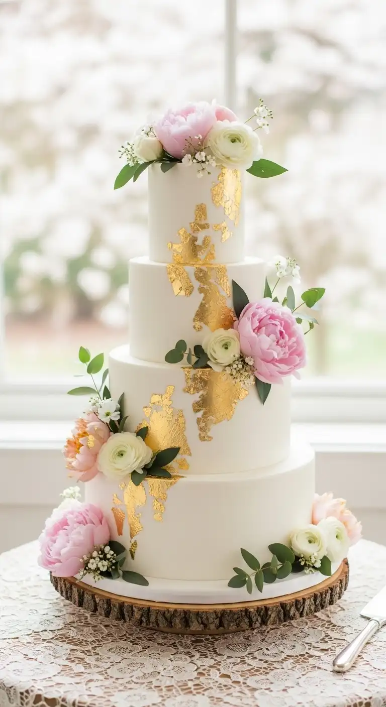 Neutral Ombre Wedding Cake Design Gold Leaf Spring Wedding Cake